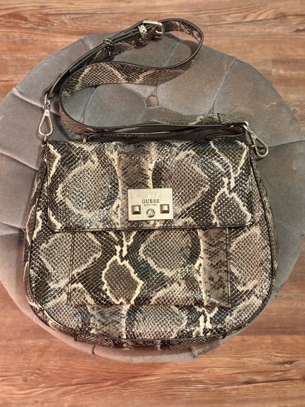 GUESS Snake-Print Crossbody Bag in Black and Grey